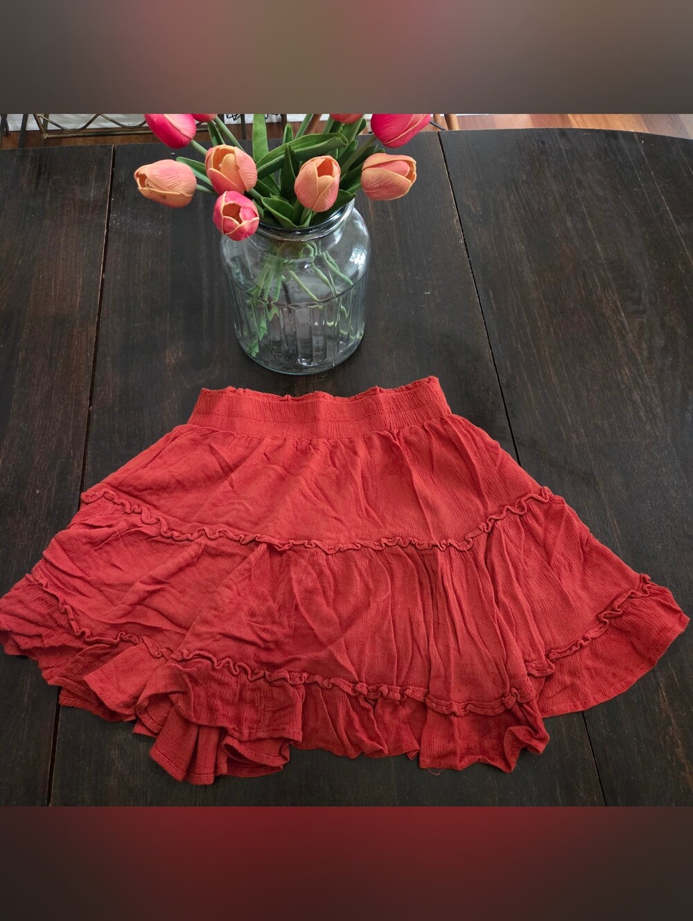vestique Red Ruffled Tiered Skater Skirt